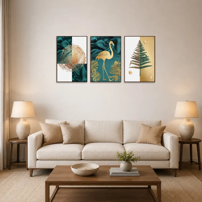 A teal and gold botanical triptych adds elegance to the living room wall.