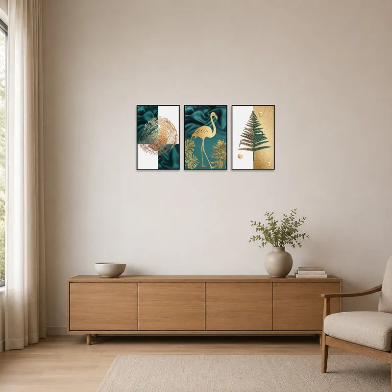 Teal and gold botanical triptych offers a chic touch to a minimalist room.