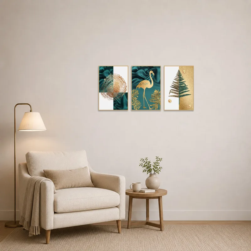 The triptych's teal and gold tones create a calming vibe in the reading corner.