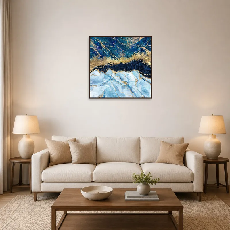 Blue and gold marble art print on living room wall above a modern sofa.