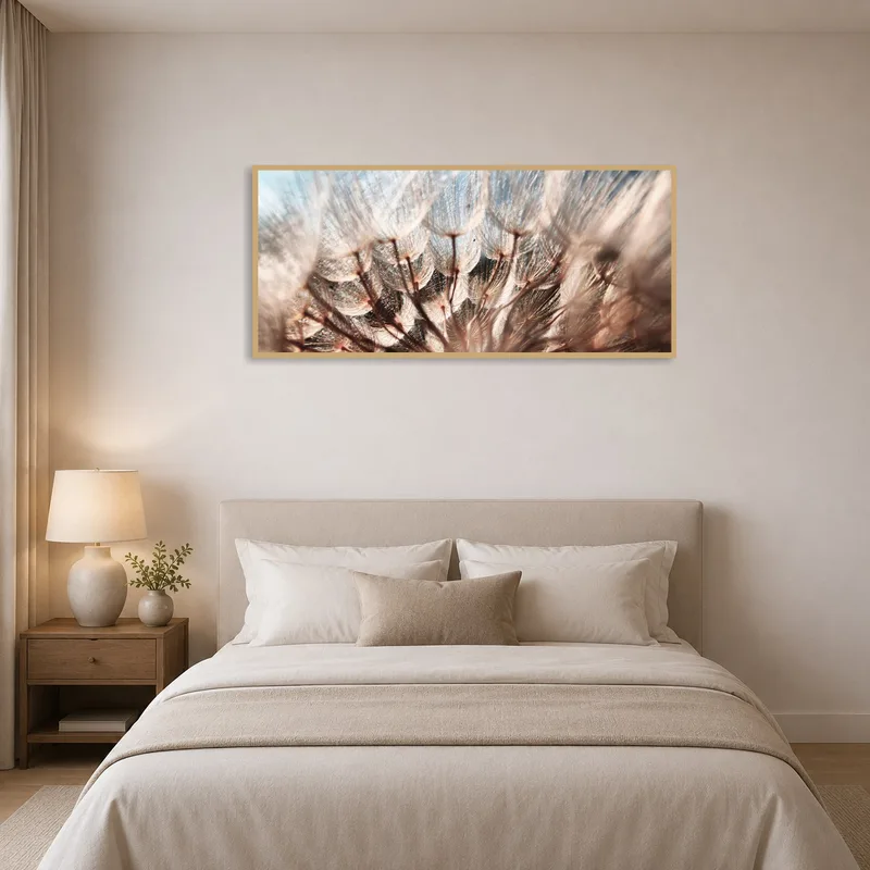 Gentle pastel dandelion piece creates a tranquil vibe in a bedroom.