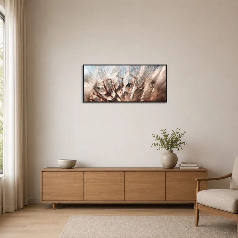 Simple pastel-toned dandelion art enhances a minimalist room's aesthetic.