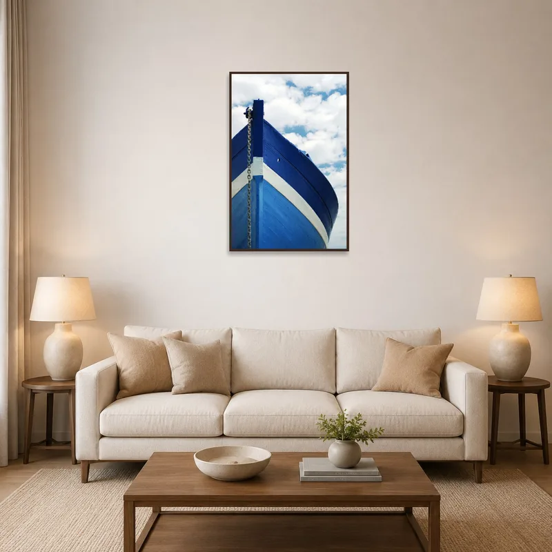A tranquil ship sailing under a vibrant sky enriches the living-room ambiance.