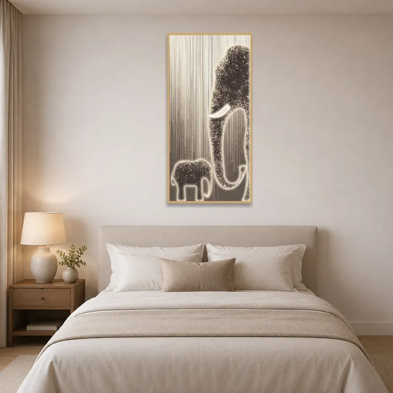 Elephant duo art print creating a calming vibe in the bedroom.