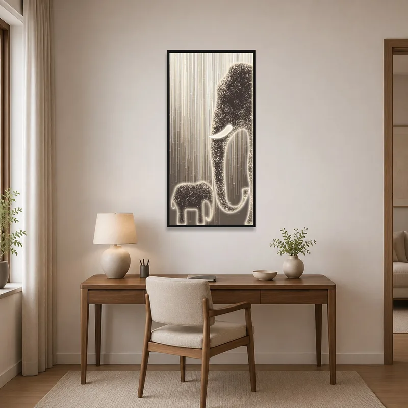 Elephant duo art print inspiring creativity in a home office.
