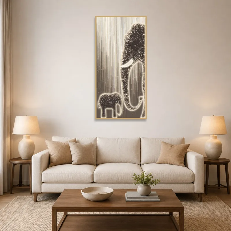 Elephant duo art print above a modern sofa in the living room.