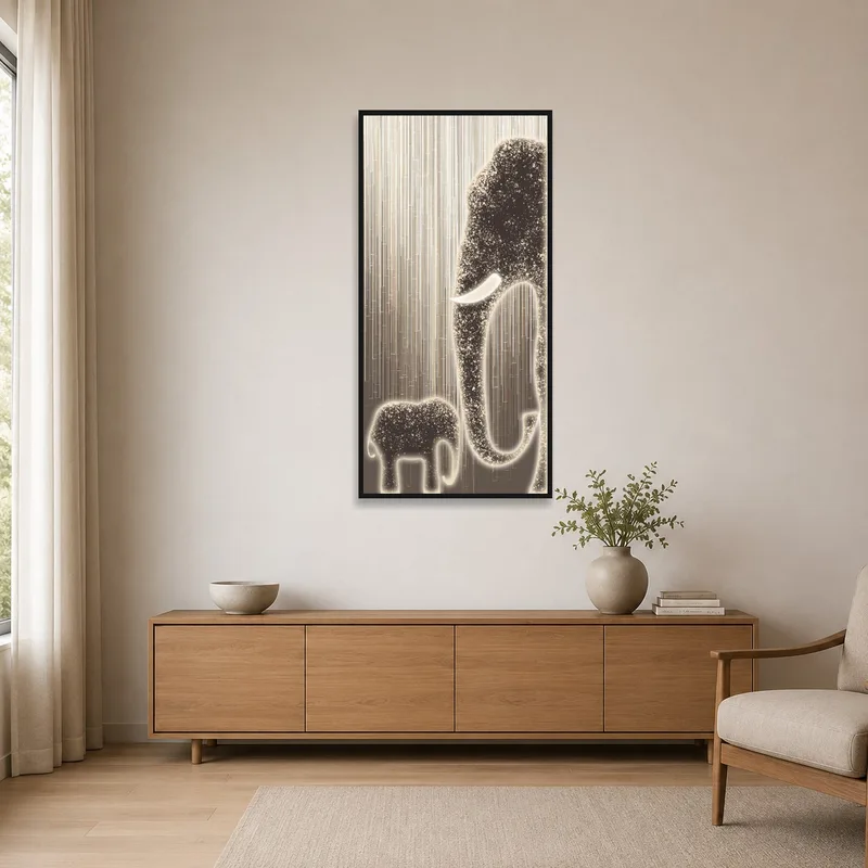 Elephant duo art print on a blank wall in a minimalist setting.