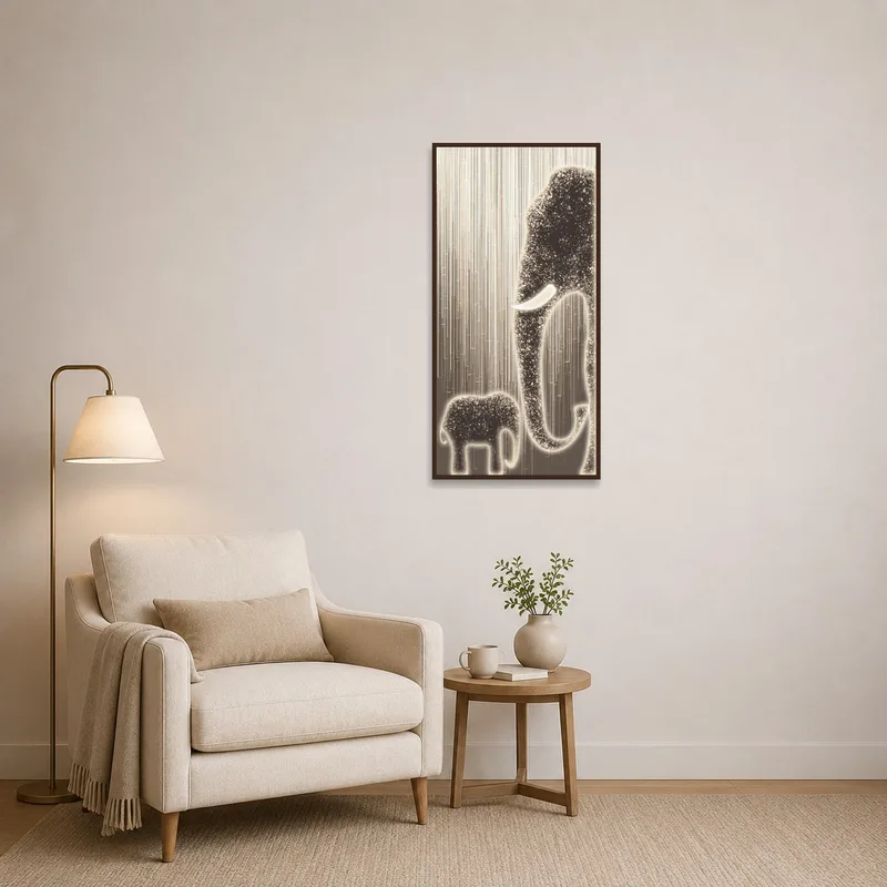 Elephant duo art print adding charm to a cozy reading corner.