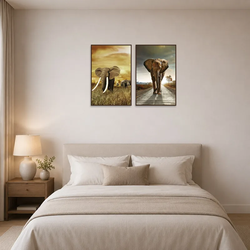 The bedroom showcases a majestic elephant art set, adding a tranquil vibe.