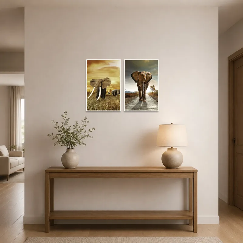 A majestic elephant art set welcomes guests in a stylish entrance hall.