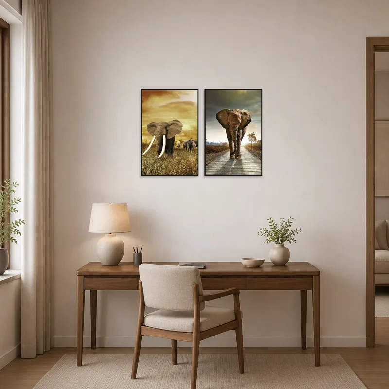 A home office displays a majestic elephant art set, inspiring creativity.