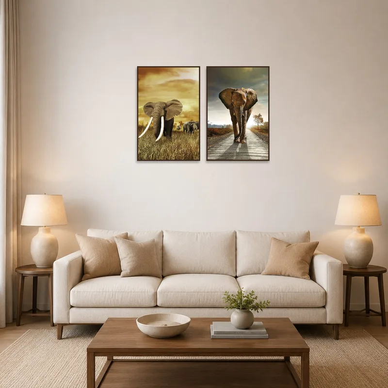 A majestic elephant art set decorates the living room wall above a cozy seating area.