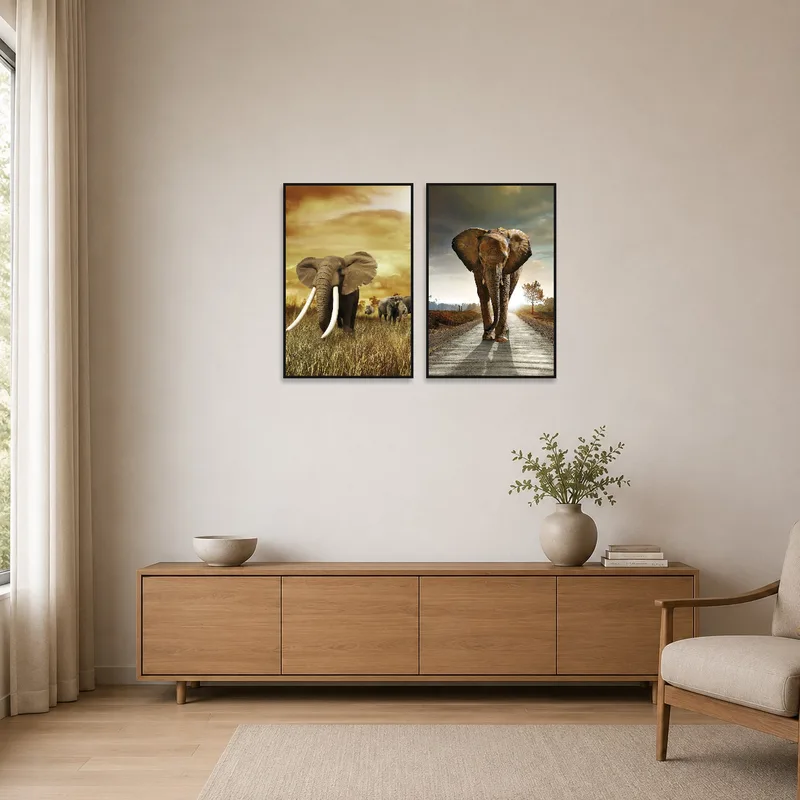 A minimalist room features a majestic elephant art set, enhancing the clean, simple aesthetic.