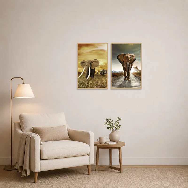 In a reading corner, a majestic elephant art set adds a touch of nature.
