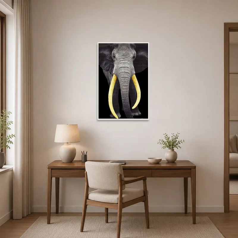 Elephant with golden tusks art print enhancing a home office wall.