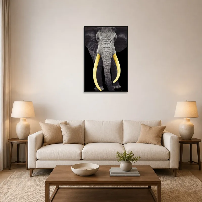 Elephant with golden tusks art print above a cozy living room sofa.