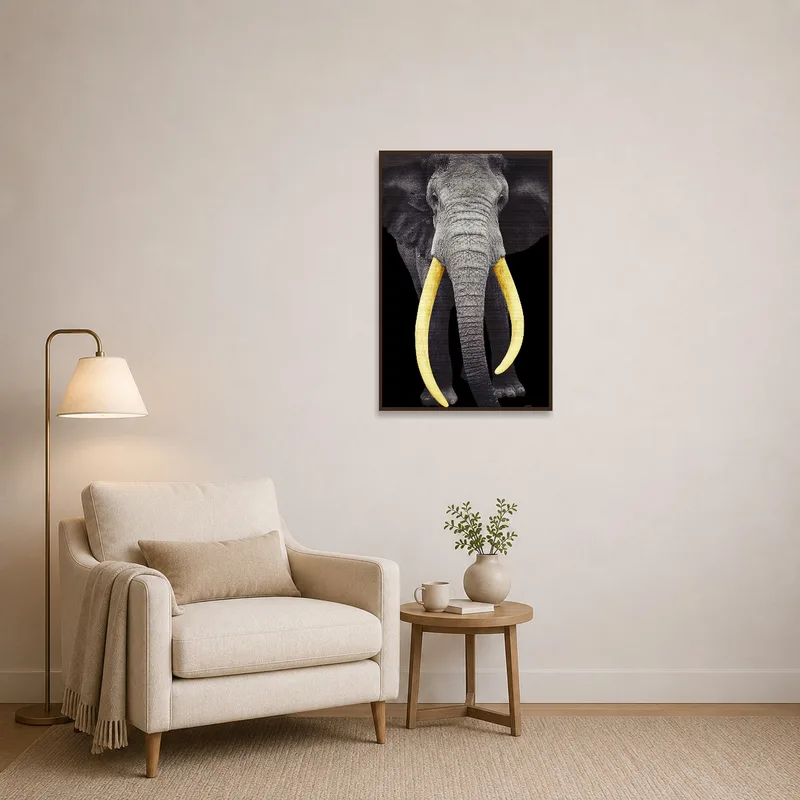 Elephant with golden tusks artwork in a serene reading corner.