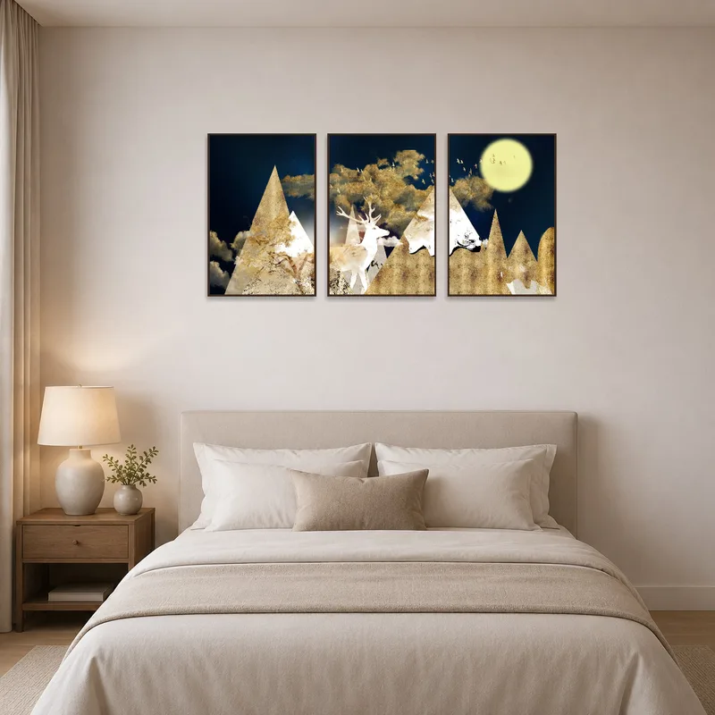 Nature-inspired geometric triptych above a plush bedroom bed.