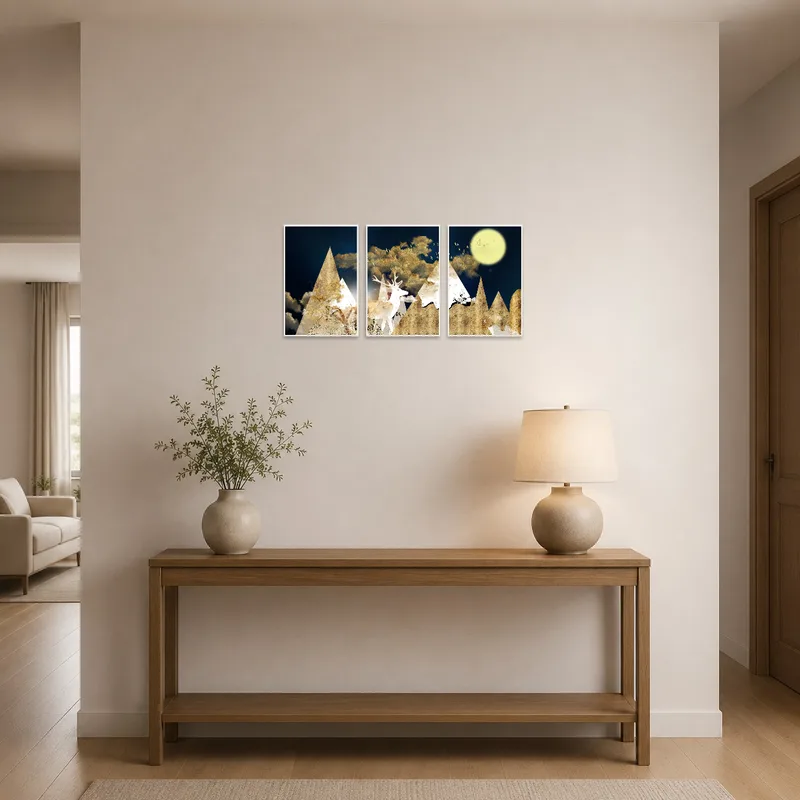 Triptych welcomes guests in an entrance hall with nature motifs.