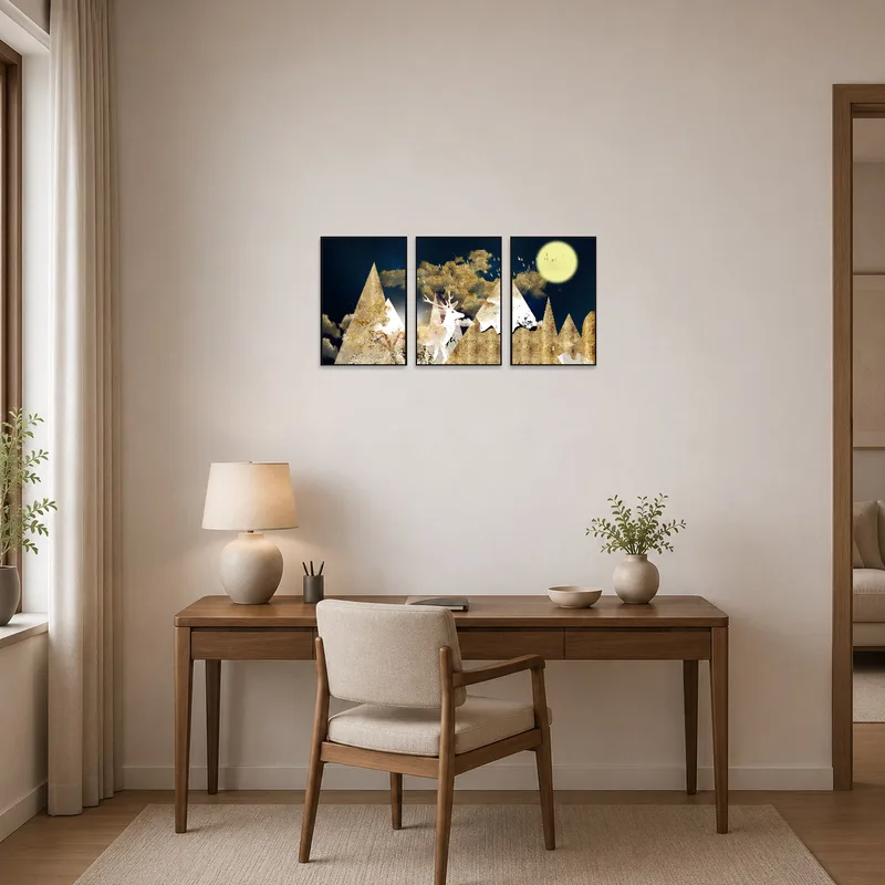 Geometric nature triptych energizes a dedicated home office wall.