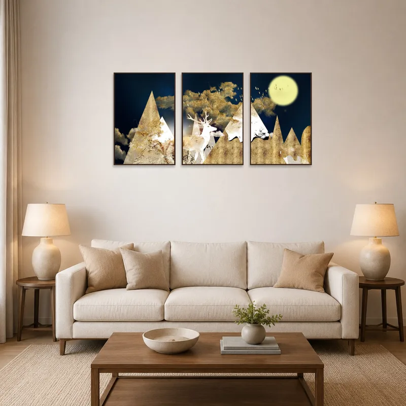 Triptych of geometric nature art above a modern living room sofa.