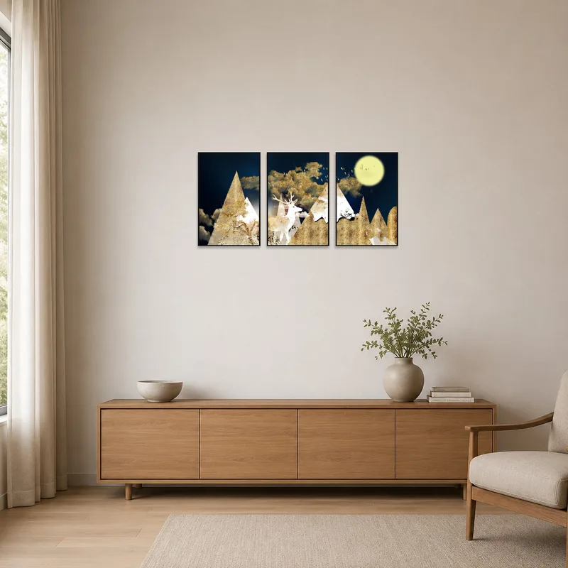 Geometric nature triptych adds focus to a minimalist white wall.