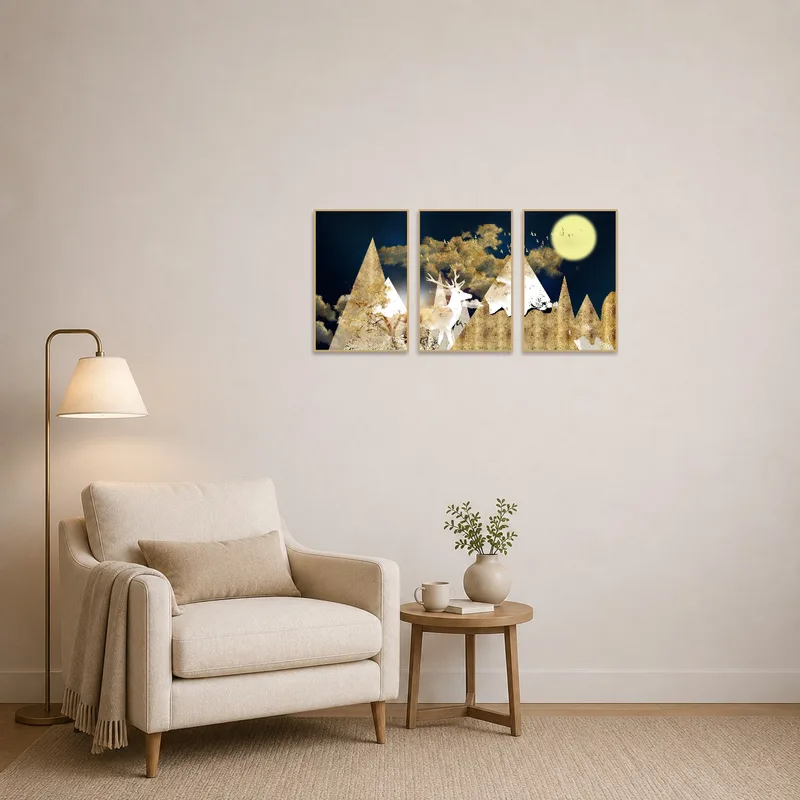 A calming geometric nature triptych in a cozy reading corner.