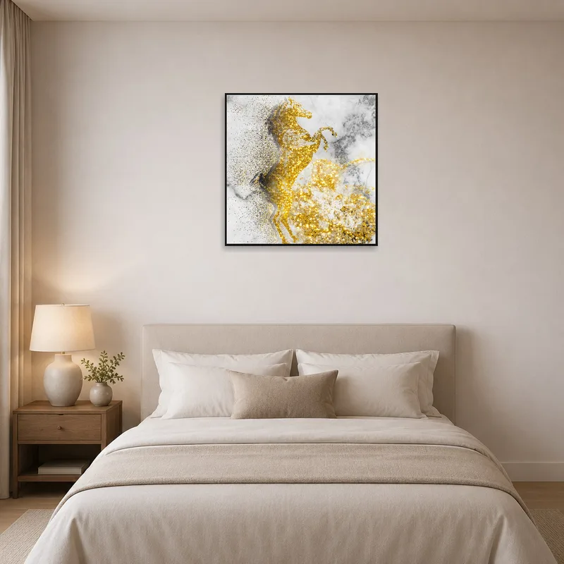 Calming horse artwork as the bedroom's focal point.