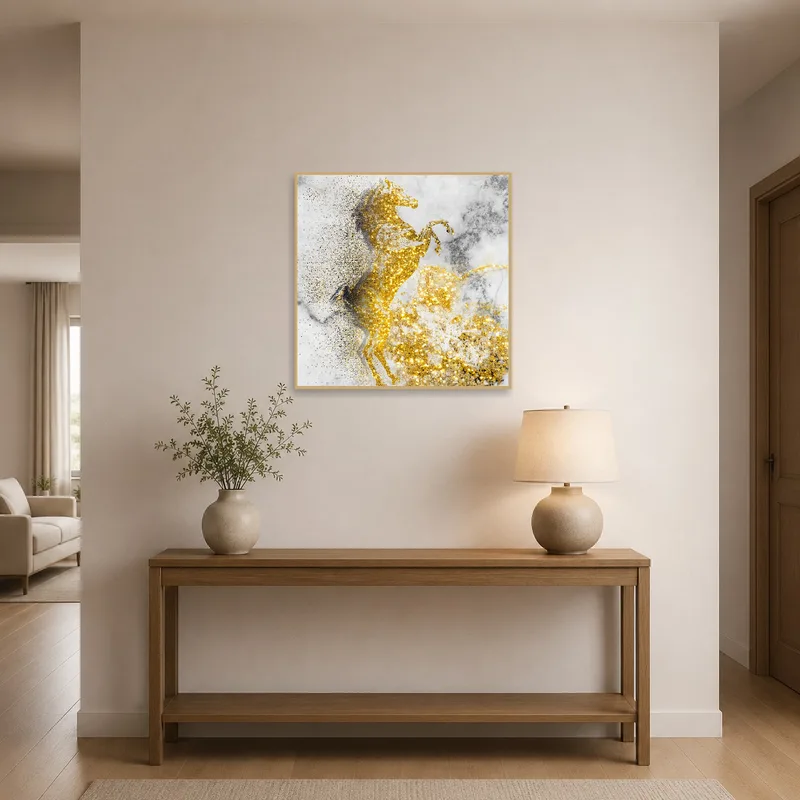 Elegant horse piece hung in a stylish entrance hall.
