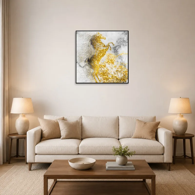 Gold and marble effect horse artwork centered above a modern sofa.