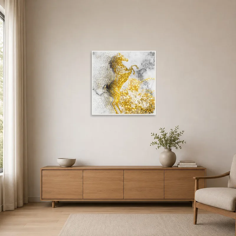 Simple room with horse artwork against a stark white wall.
