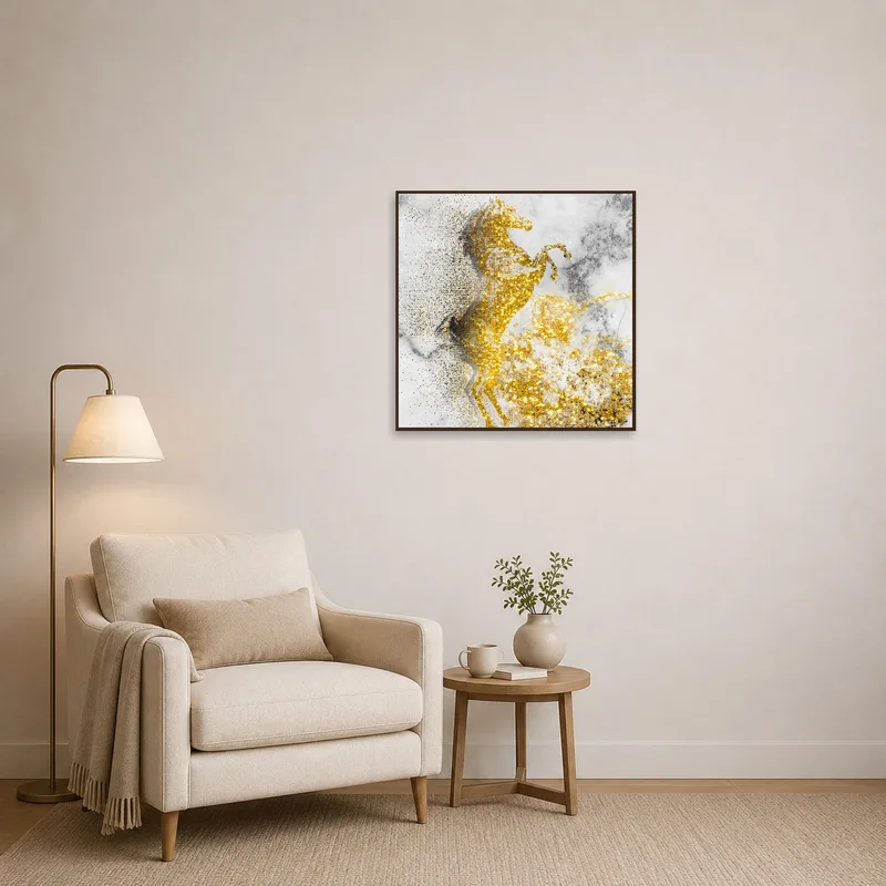 Horse art with gold tones above a cozy reading chair.