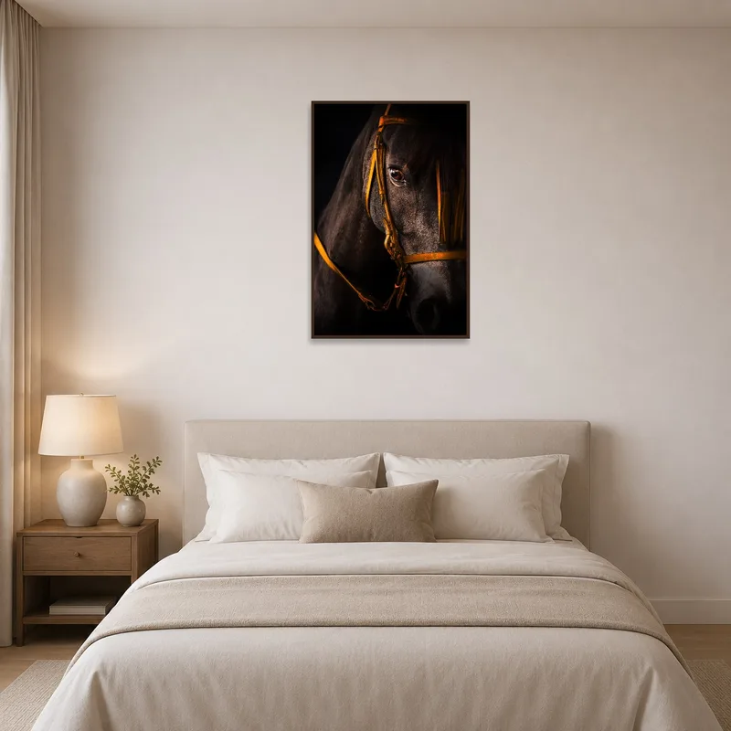 A bedroom with a majestic horse portrait adding elegance under low light.