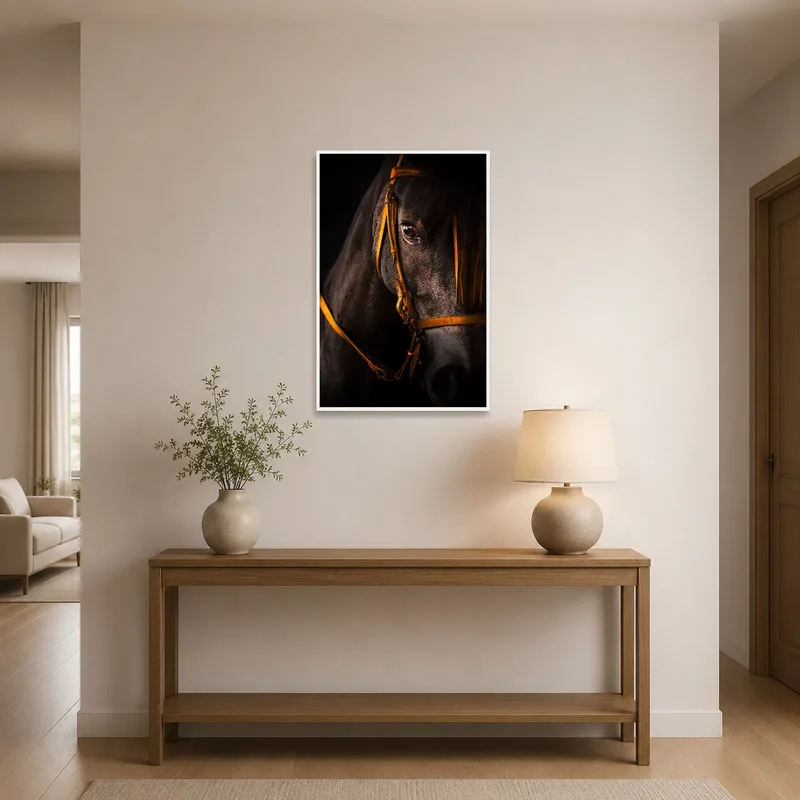 An entrance hall showcasing a majestic horse portrait in dim lighting.