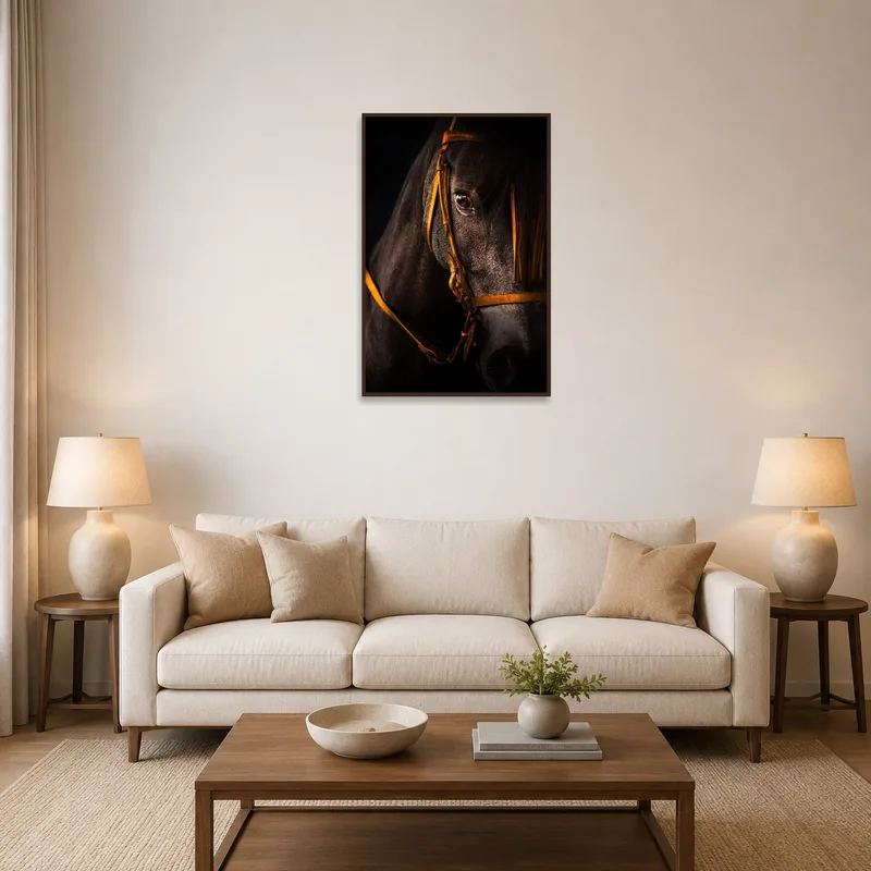 A living-room with a majestic horse portrait under soft lighting on the wall.
