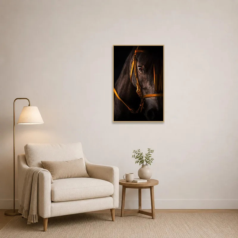 A reading corner adorned with a low light portrait of a majestic horse.