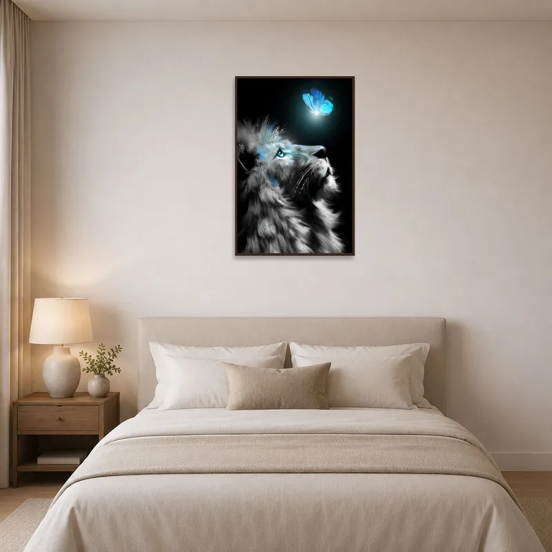In a bedroom, a lion and butterfly create a serene vibe.