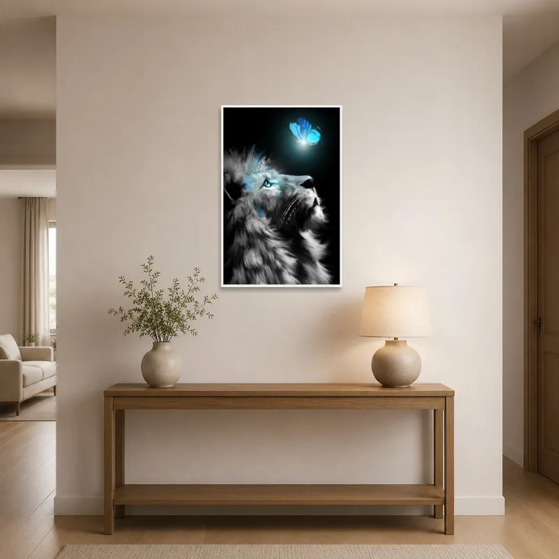 A lion meets a butterfly in an entrance hall setting.