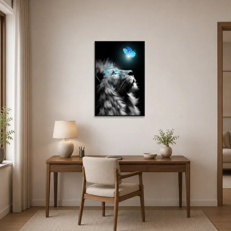 Lion and butterfly encounter adds inspiration to a home office.