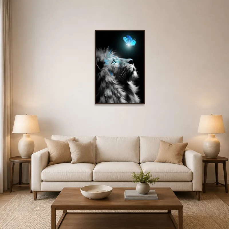 A majestic lion with a blue butterfly graces a living room wall.