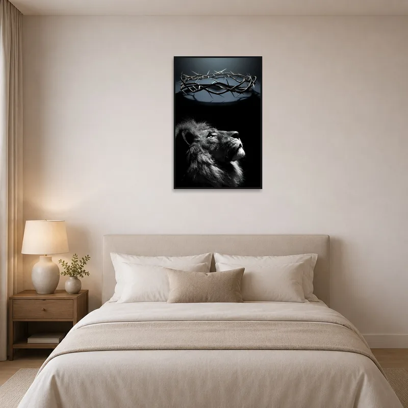 Lion's gaze adds drama to the serenity of a peaceful bedroom.