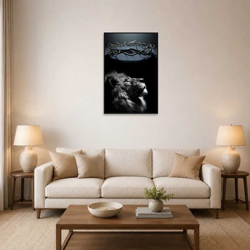 Majestic lion with crown artwork above a modern living room sofa.