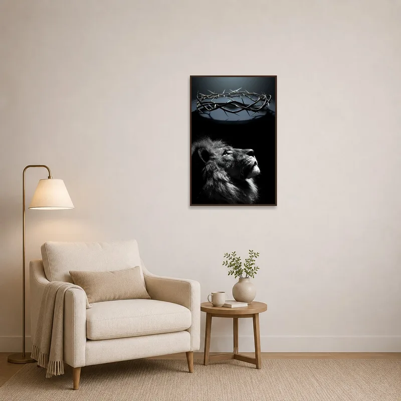 Inspiring lion portrait in an inviting reading corner.