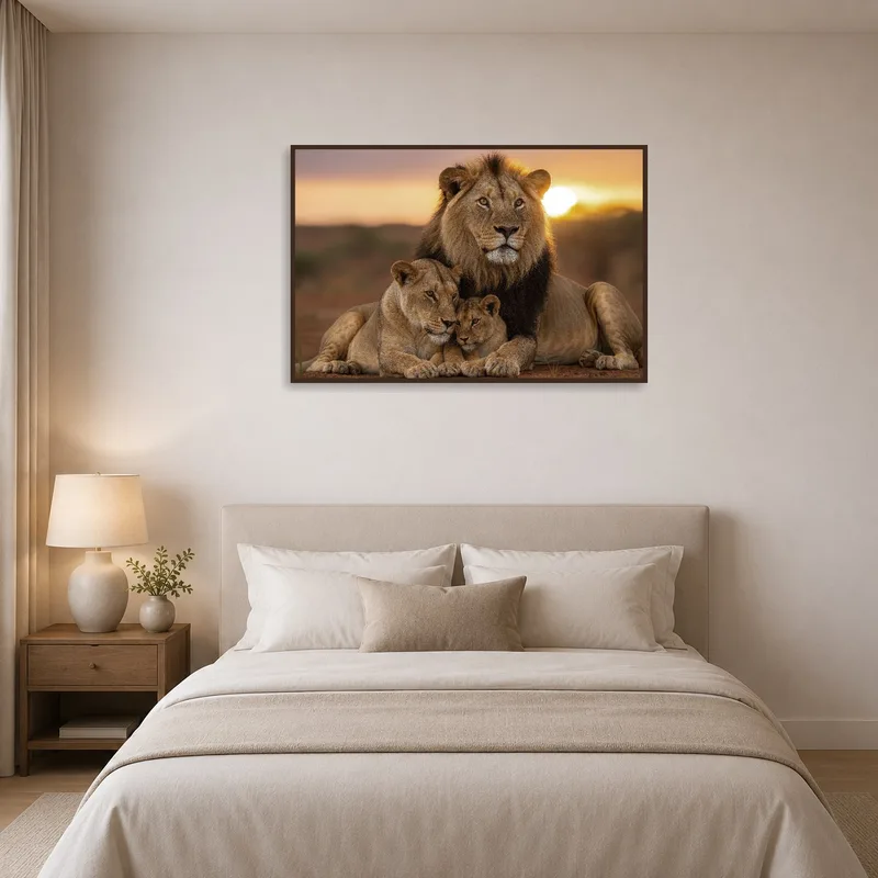 Tranquil lion family art print over a bed creating a calming vibe.