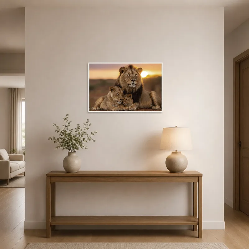 Lion family print adding warmth to an elegant entrance hall.