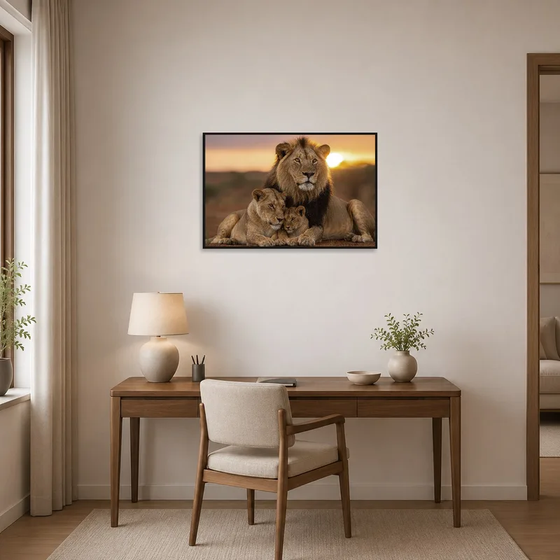 Majestic lion family art print inspiring creativity in a home office.