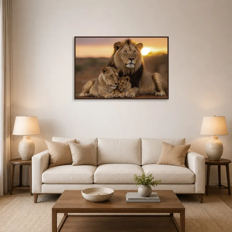 Majestic lion family art print above a cozy living room sofa at sunset.