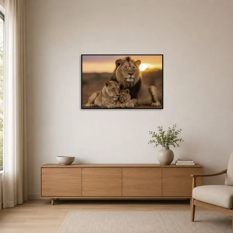 Lion family art print enhancing a minimalist room with warm tones.