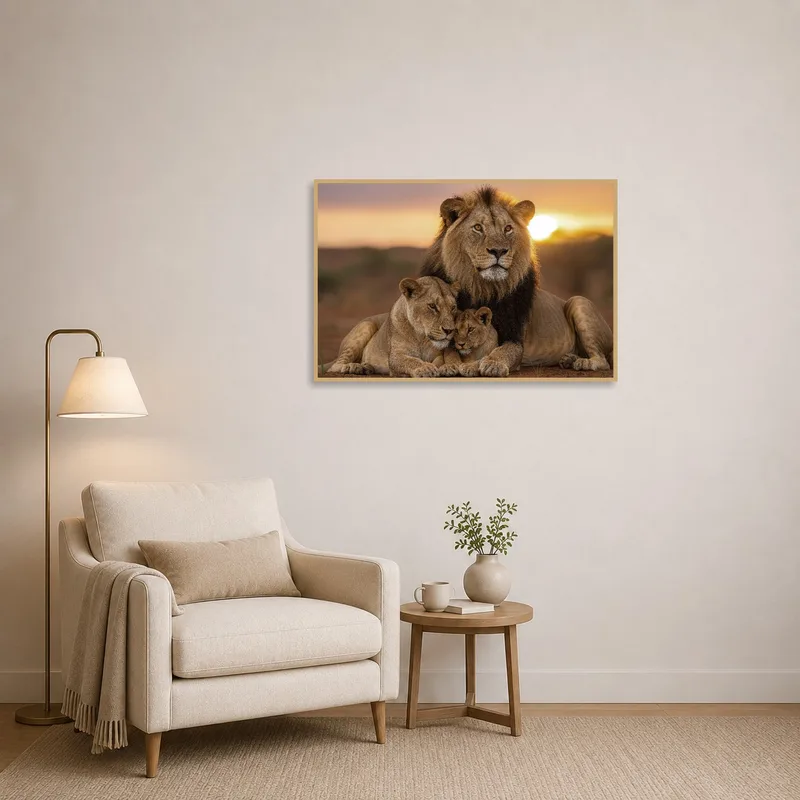 Serene lion family print enriching a cozy reading corner.