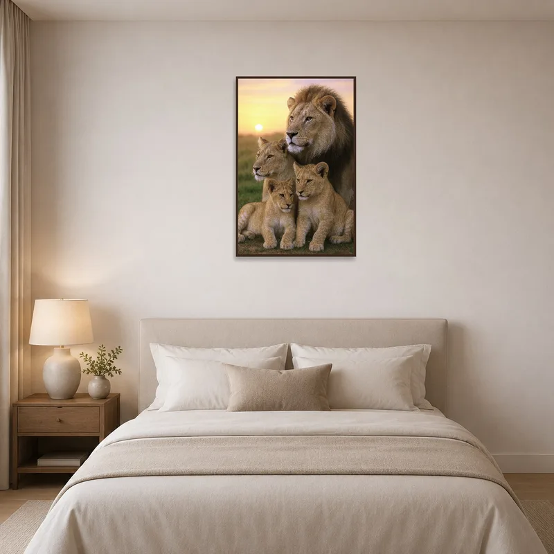 Sunset lion family print adds serenity to a bedroom.